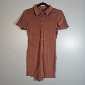 White Fox Chocolate Brown Terry Cloth Button Front Romper Small Short Sleeve